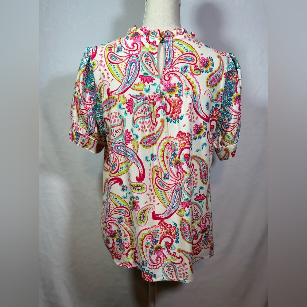 Savanna Jane Embroidered Paisley Blouse Size M Multicolor Short Sleeve - Picture 4 of 8